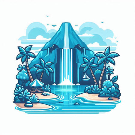 Tropical island with palm trees and a waterfall. Vector illustration.のイラスト素材