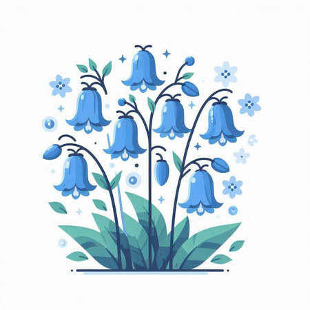 Bluebells with leaves and flowers. Hand drawn vector illustration.のイラスト素材