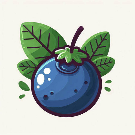 Blueberry vector illustration. Hand drawn blueberry with green leaves.のイラスト素材