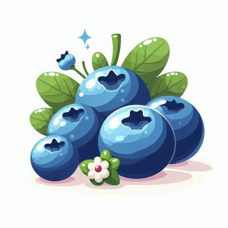 Blueberry vector illustration. Fresh blueberries with leaves and flowers.のイラスト素材