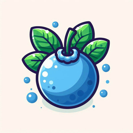 Blueberry icon. Vector illustration of a blueberry with green leaves.のイラスト素材