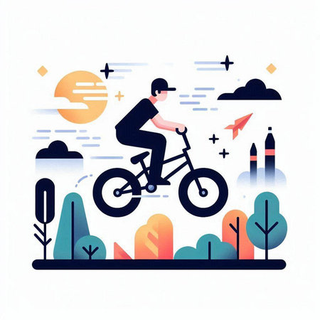 Cyclist riding a bicycle in the park. Flat vector illustration.のイラスト素材
