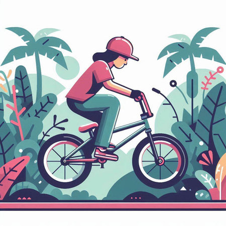 Cyclist in the park. Vector illustration in flat style.のイラスト素材
