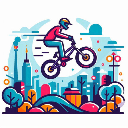Vector illustration of bmx rider on city background. Flat style design.のイラスト素材