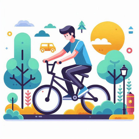 Young man riding bicycle in city park. Flat style vector illustration.のイラスト素材