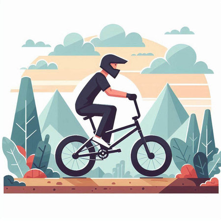 Cyclist riding a bicycle in the park. Flat vector illustration.のイラスト素材