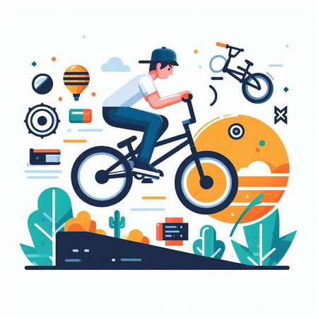 Cyclist riding a bike in the park. Flat vector illustration.のイラスト素材