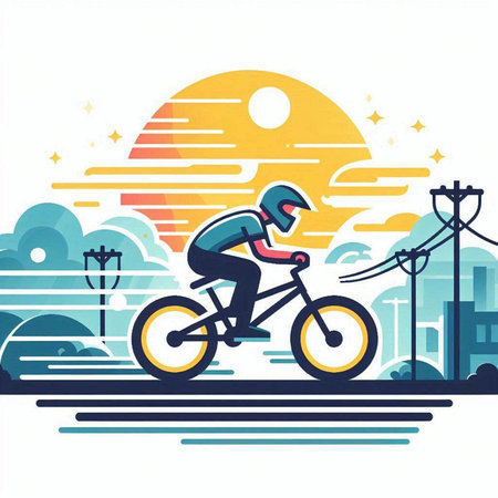 Cyclist in the city at sunset. Flat style vector illustration.のイラスト素材