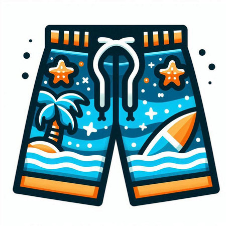 Vector illustration of beach pants with starfish, palm tree and surfboard.のイラスト素材