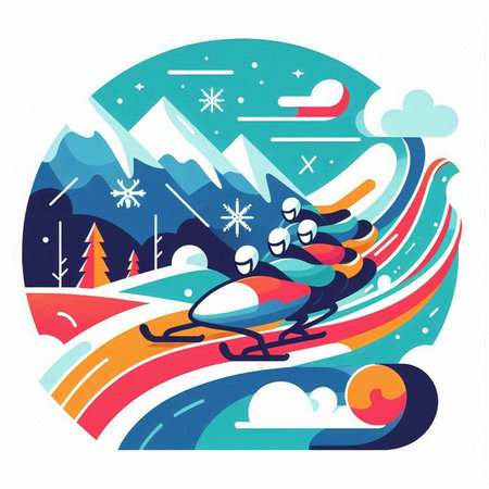 Snowmobiling in the mountains. Vector illustration on white background.のイラスト素材