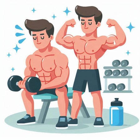 Bodybuilding and healthy lifestyle. Two young men doing exercises with dumbbells. Vector illustrationのイラスト素材
