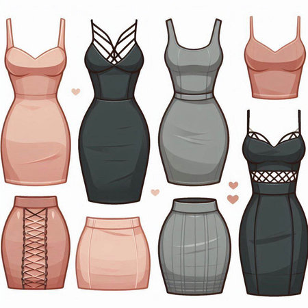 Illustration of a set of different types of women's evening dressesのイラスト素材