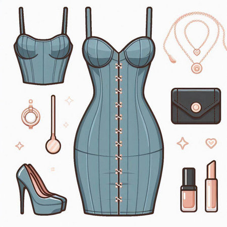 Women's clothing set. Corset, belt, shoes, necklace. Vector illustration.のイラスト素材
