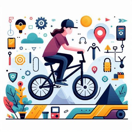 Cyclist riding bicycle. Flat style modern vector illustration for web banner, website page, mobile app.のイラスト素材