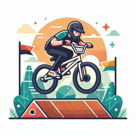 Cyclist in helmet riding bicycle on racetrack vector illustration.のイラスト素材