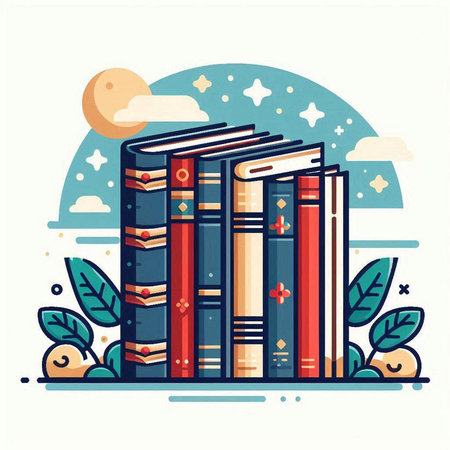 Vector illustration of a stack of books on the background of the night skyのイラスト素材