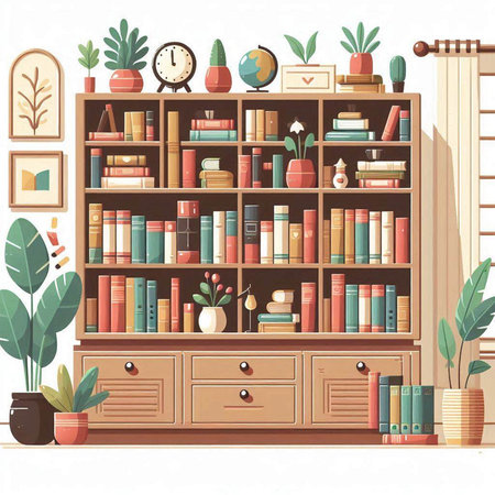 Illustration of bookshelf with books and plants. Vector illustration.のイラスト素材