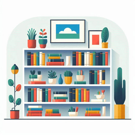 Bookshelf with books and plants. Vector illustration in flat styleのイラスト素材