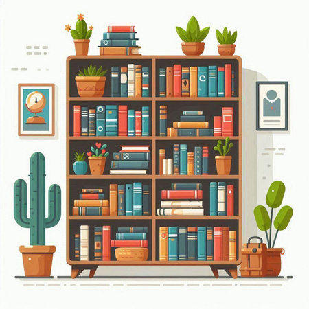 Bookshelf with books and plants. Flat style vector illustration.のイラスト素材