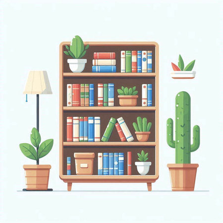 Bookshelf with books and plants. Vector illustration in flat styleのイラスト素材