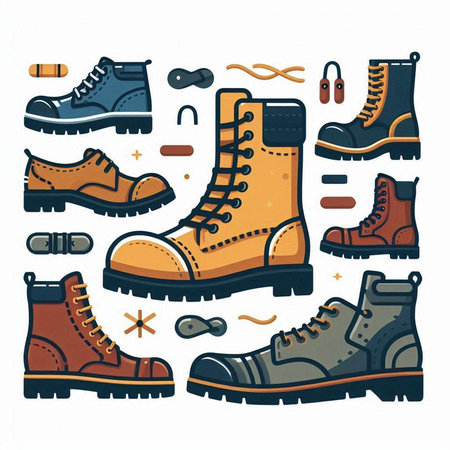 Set of hiking boots. Vector illustration in doodle style.のイラスト素材