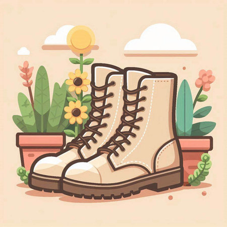 Vector illustration of a pair of hiking boots and flowers in a potのイラスト素材