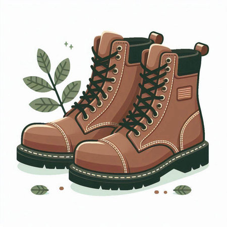 Hiking boots with leaves isolated on white background. Vector illustration.のイラスト素材