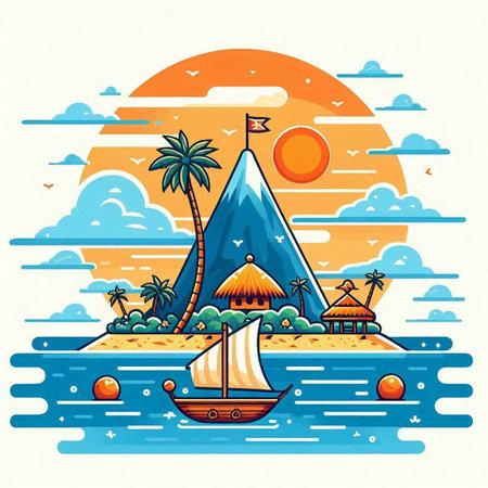 Tropical island with palm trees and sailboat. Vector illustrationのイラスト素材