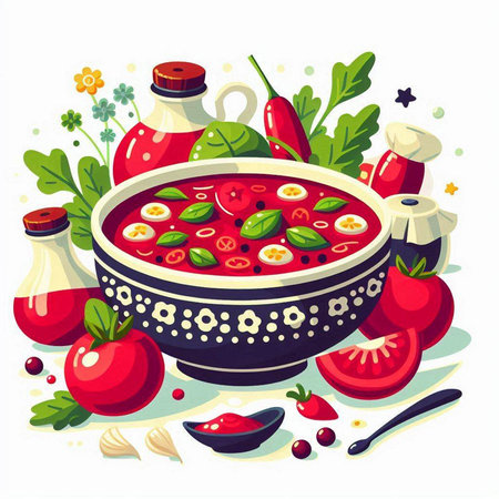 Tomato soup in bowl with ingredients for cooking. Vector illustration in cartoon style.のイラスト素材