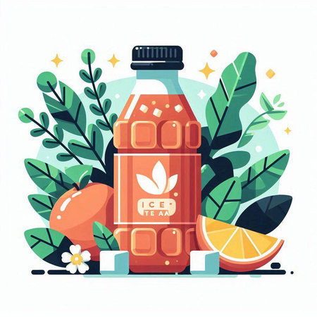 Bottle of orange juice with leaves and fruits. Flat vector illustration.のイラスト素材