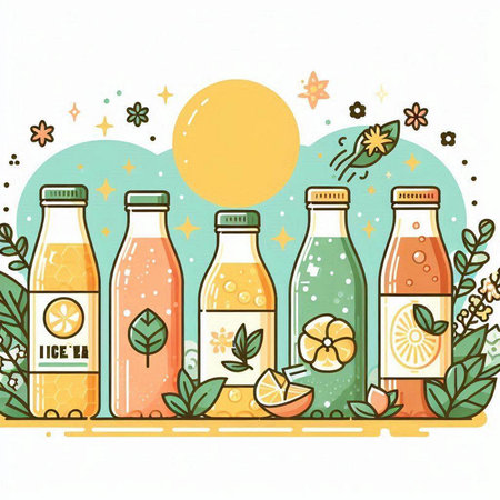 Vector illustration of bottles with lemonade, orange juice and mint leaves.のイラスト素材