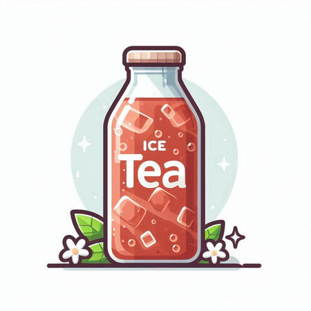 Bottle of tea with ice cubes and leaves. Vector illustration.のイラスト素材