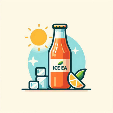 Vector illustration of a bottle of cola with lemon, ice cubes and sun.のイラスト素材