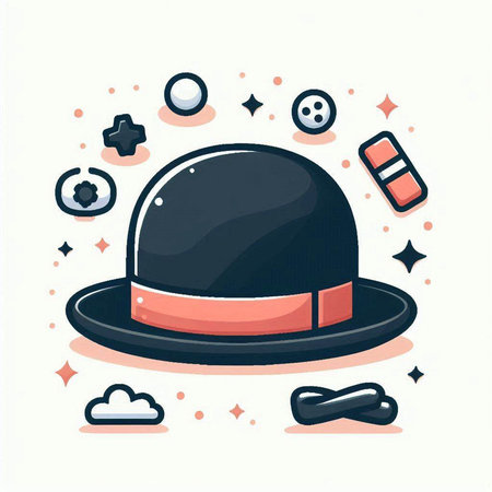 Vector illustration of a black hat and different accessories on white background.のイラスト素材