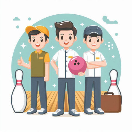 Three men with bowling equipment. Vector illustration in flat cartoon style.のイラスト素材