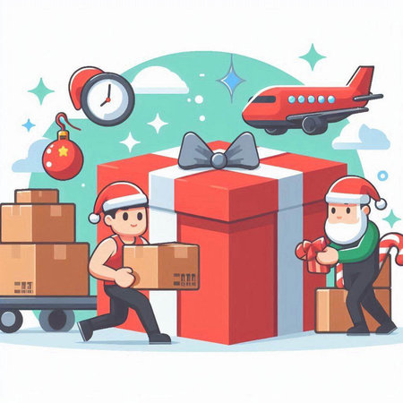 Vector illustration of Santa Claus delivering gifts. Christmas and New Year concept.のイラスト素材