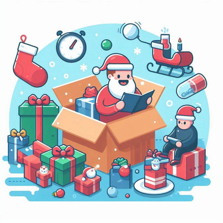 Santa Claus coming out of the box with gifts. Vector illustration.のイラスト素材