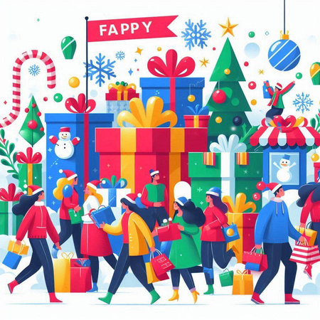 Merry Christmas and Happy New Year greeting card with group of people with gifts, vector illustrationのイラスト素材