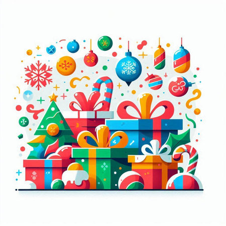 Christmas and New Year background with colorful gift boxes. Vector illustration.のイラスト素材