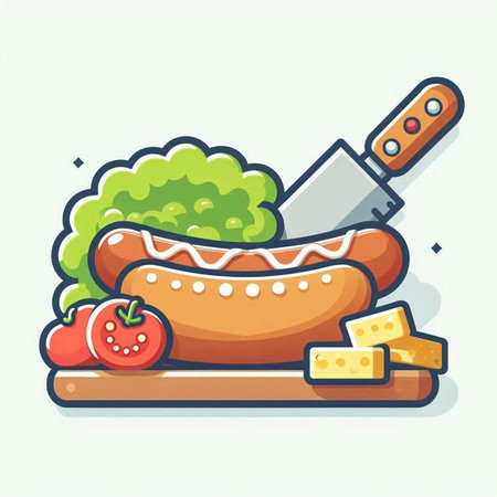 Illustration of hot dog with tomato, lettuce, cheese and knifeのイラスト素材