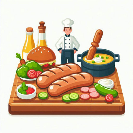 Chef cooking with sausages on wooden board. Vector illustrationのイラスト素材
