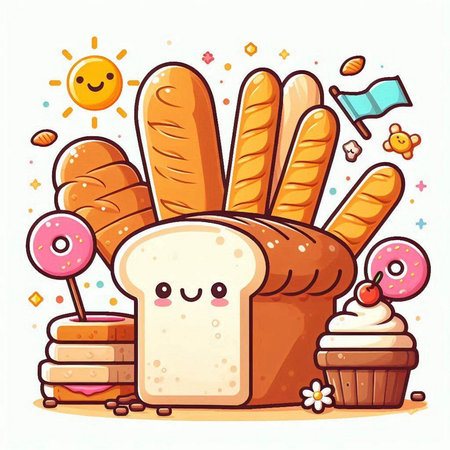 Cute cartoon bread character. Vector illustration of a loaf of bread.のイラスト素材