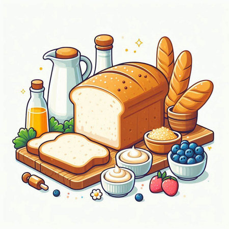 Vector illustration of a loaf of bread with different types of butter, yogurt, sour cream, jam and other products.のイラスト素材