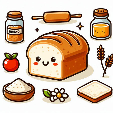 Illustration of a Set of Cute Bread Icons on White Backgroundのイラスト素材