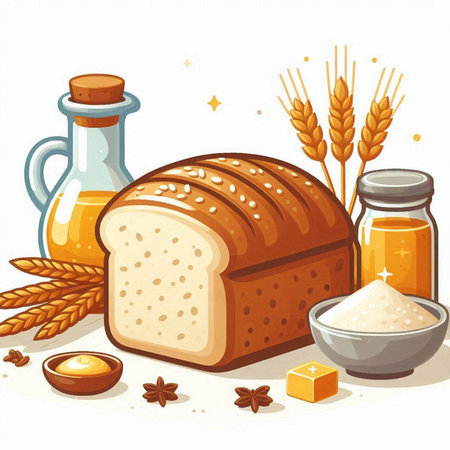 Illustration of a loaf of bread, wheat, honey, butter, salt and aniseのイラスト素材