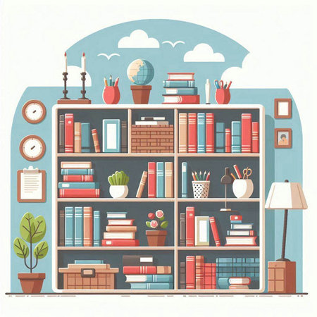 Bookshelf with books and decorations. Vector illustration in flat styleのイラスト素材