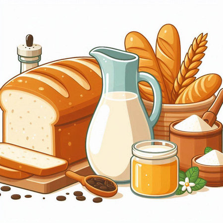 Illustration of various types of bread and milk on a white backgroundのイラスト素材