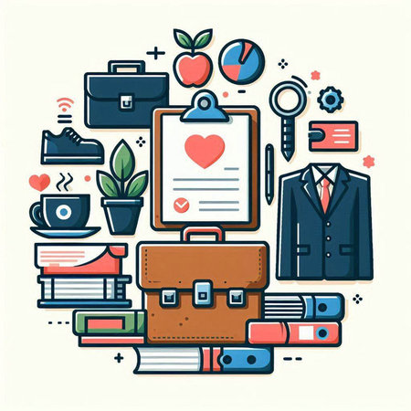 Vector illustration of flat line icons of business, office, education, work.のイラスト素材