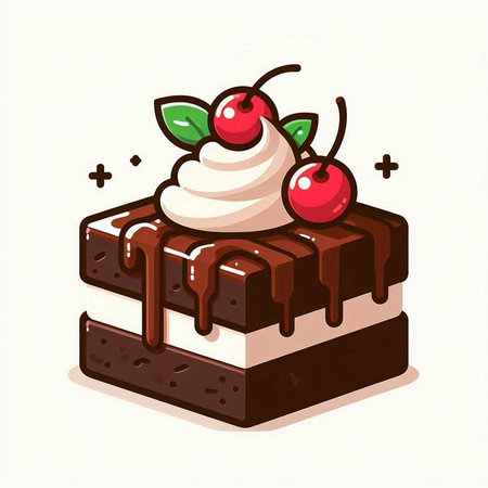 Chocolate cake with cream and cherry on top, vector illustration.のイラスト素材