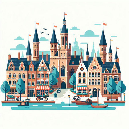 Cityscape of Amsterdam, Netherlands. Vector illustration in flat style.のイラスト素材